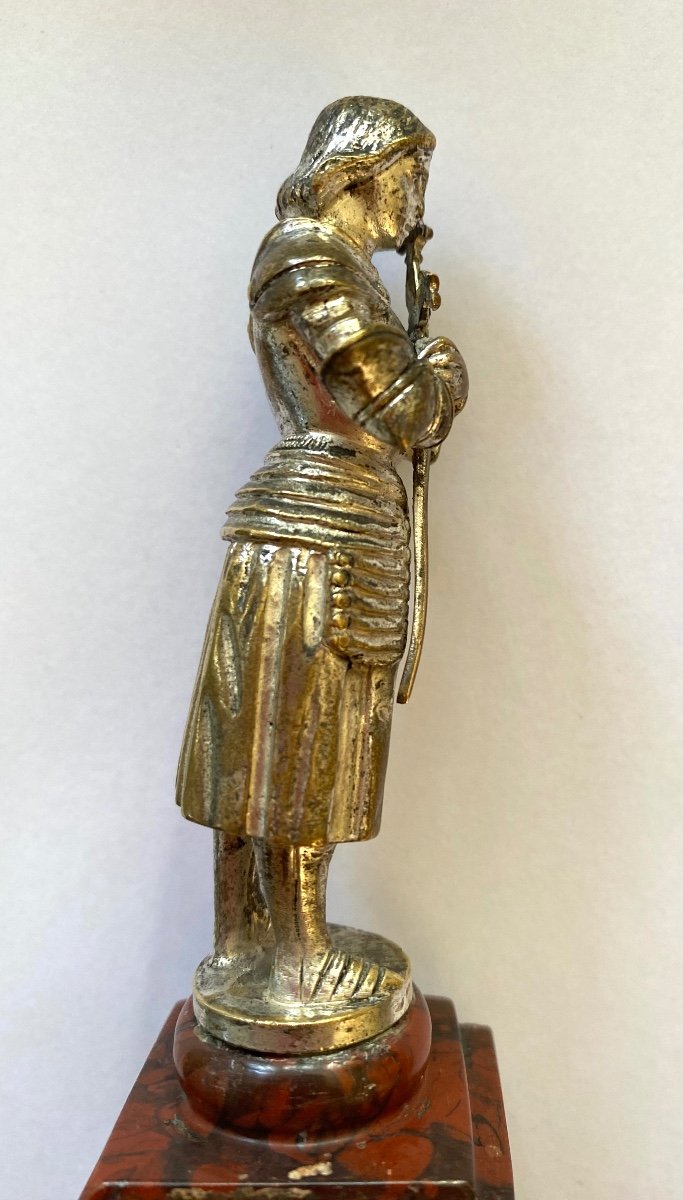 Joan Of Arc. Silver-plated Bronze Statuette On A Red Marble Base. France. 19th Century-photo-4