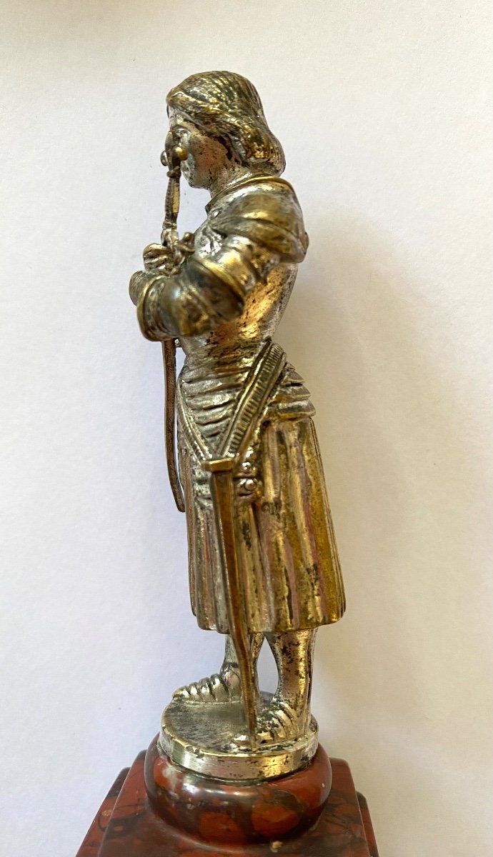 Joan Of Arc. Silver-plated Bronze Statuette On A Red Marble Base. France. 19th Century-photo-2