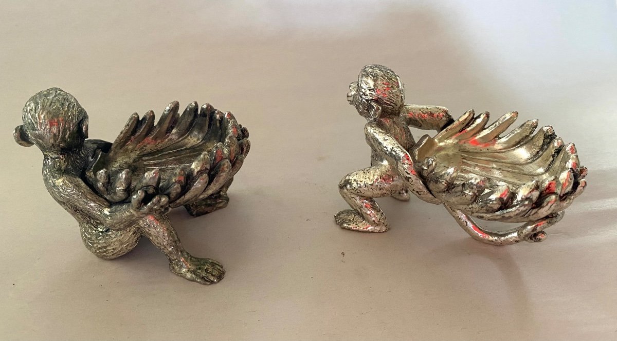 Four Monkeys Silver Metal Table. Salt Cellar, Candle Holders Or Ashtray.-photo-4