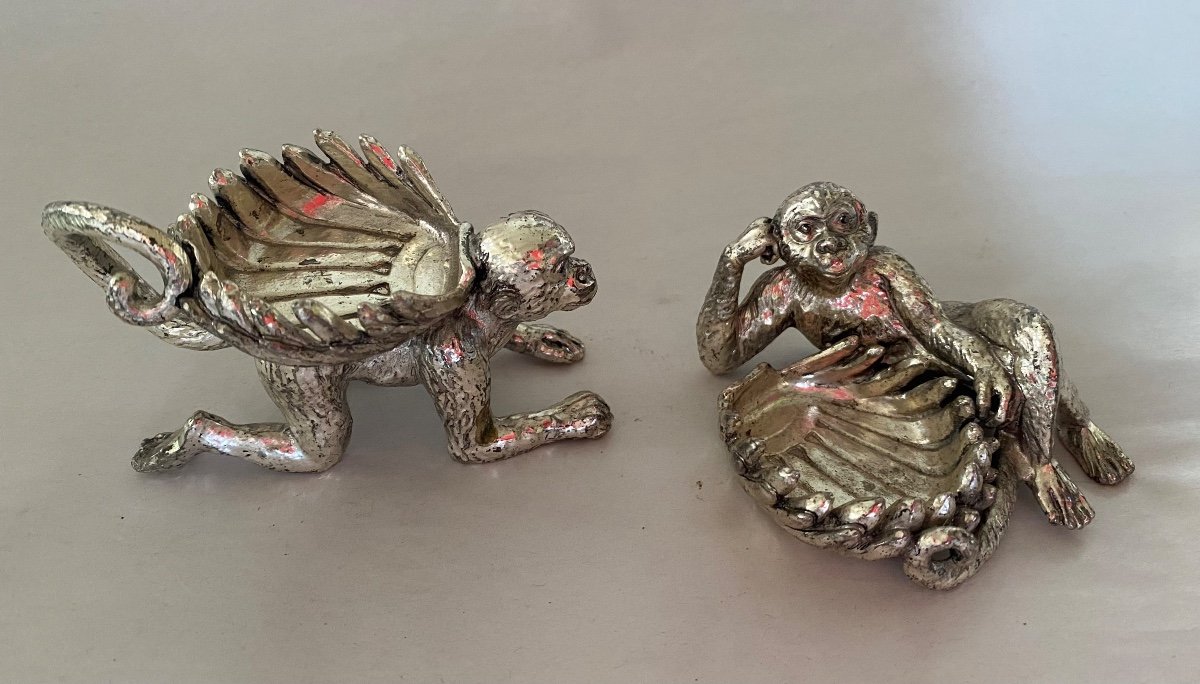 Four Monkeys Silver Metal Table. Salt Cellar, Candle Holders Or Ashtray.-photo-1