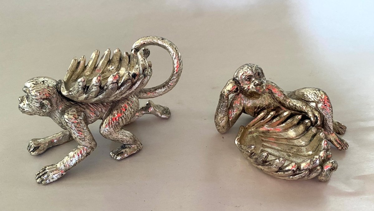Four Monkeys Silver Metal Table. Salt Cellar, Candle Holders Or Ashtray.-photo-3