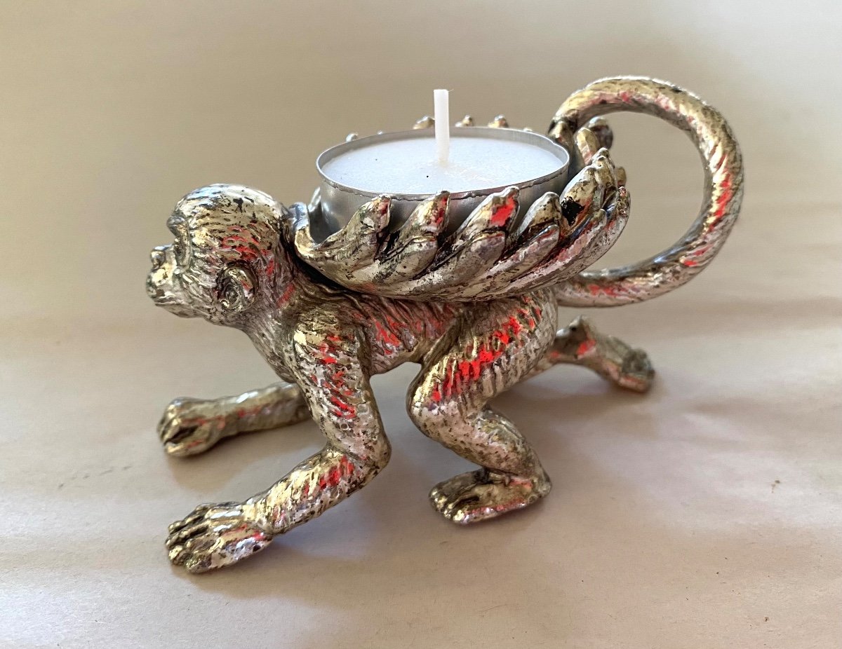 Four Monkeys Silver Metal Table. Salt Cellar, Candle Holders Or Ashtray.-photo-5