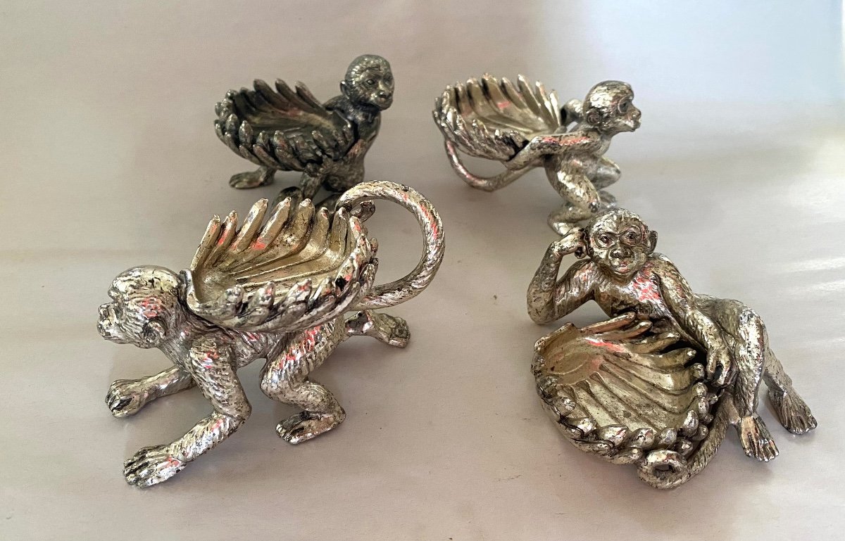 Four Monkeys Silver Metal Table. Salt Cellar, Candle Holders Or Ashtray.