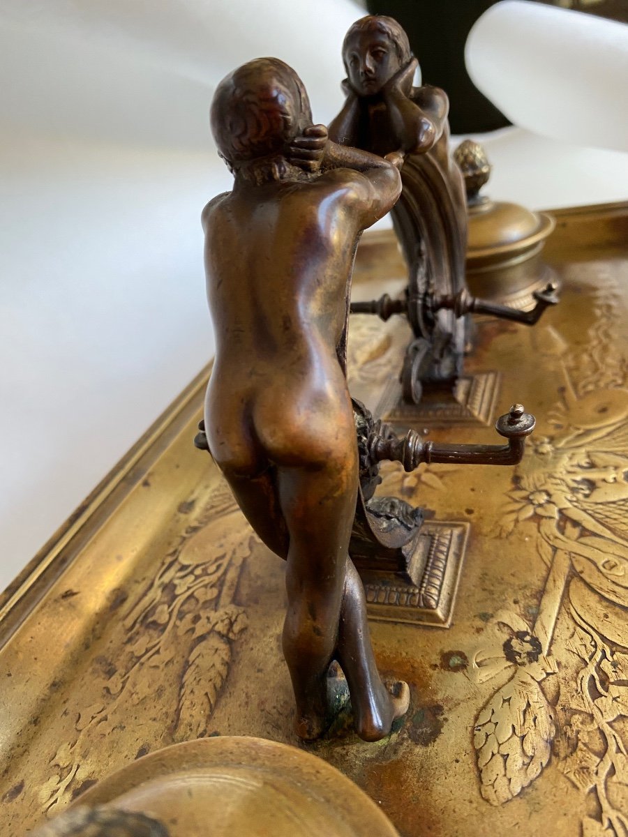 Grand Encrier De Bureau En Bronze XIXème. Ephèbes  Et Décor à L’antique.-photo-8
