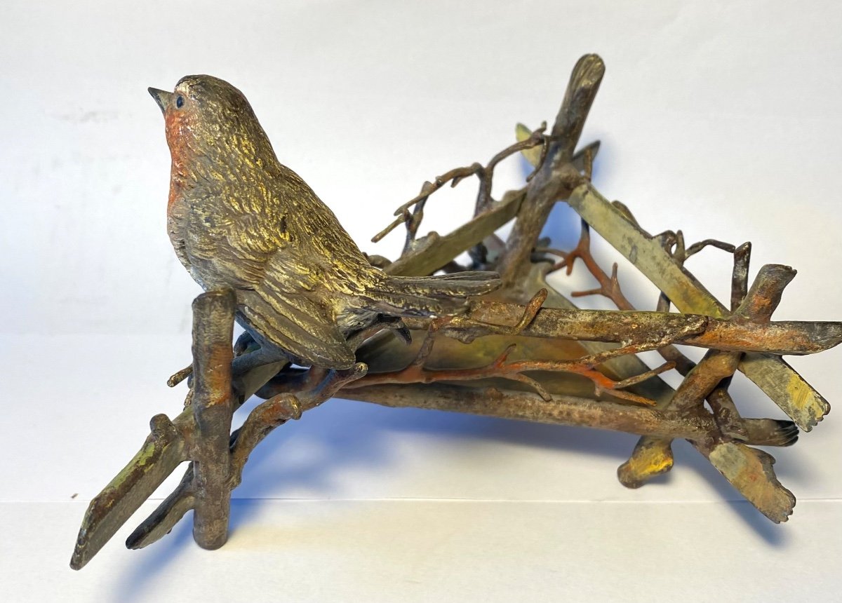Bronze De Vienne XIXème. Rouge-gorge Sur Une Barrière En Bois. -photo-3