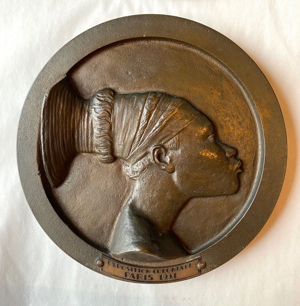 Colonial Exhibition 1931. Medallions. Bronze Cast. Mangbetu Woman .-photo-2