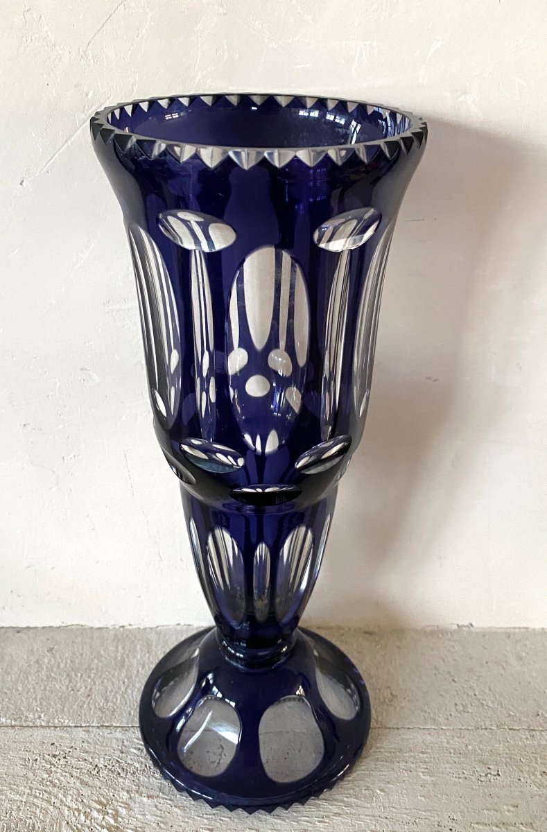 Cut Crystal Vase. Double Layer Overlay. Dark Blue. Mid 20th Century. -photo-2