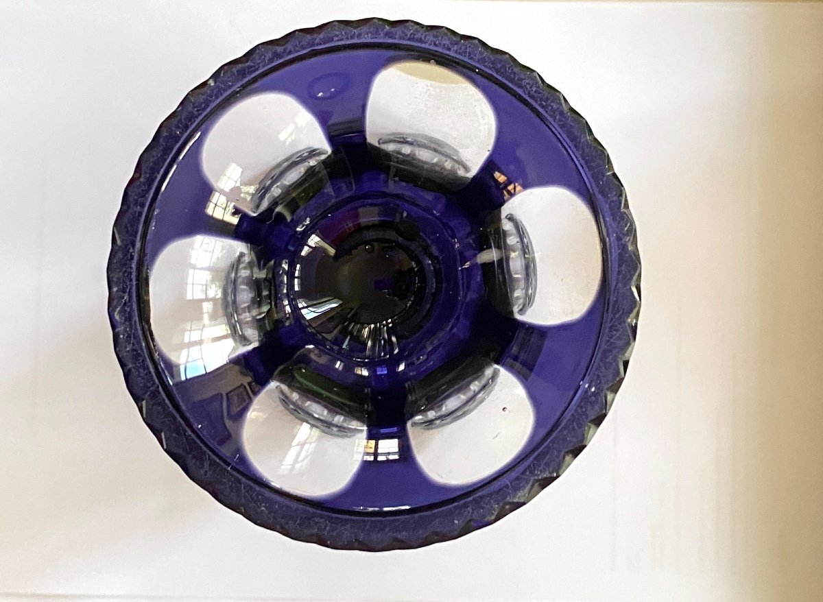Cut Crystal Vase. Double Layer Overlay. Dark Blue. Mid 20th Century. -photo-4