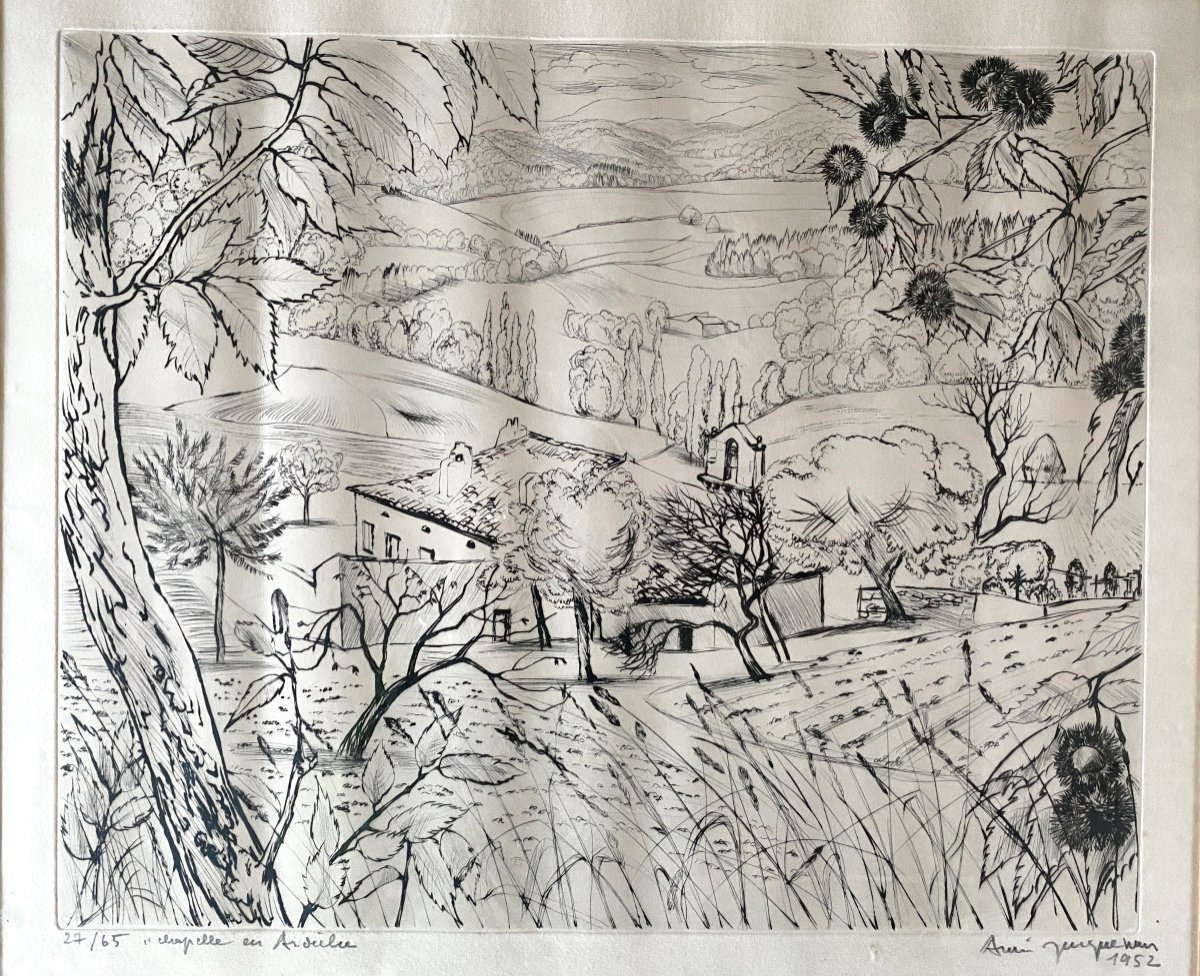 André Jacquemin. « la Chapelle En Ardèche ». Gravure Encadrée. 27/65.  Milieu XXème.