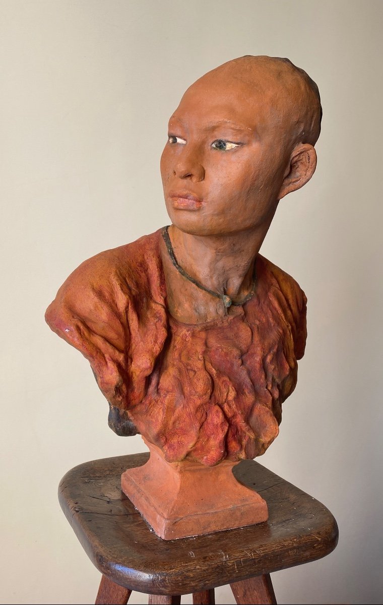 "the Chinese". Polychrome Terracotta 20th Century After Jb Carpeaux. -photo-2