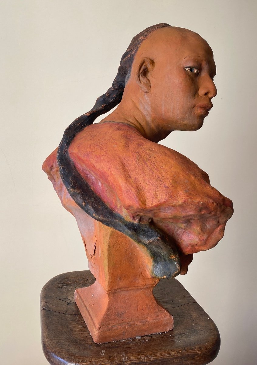 "the Chinese". Polychrome Terracotta 20th Century After Jb Carpeaux. -photo-4
