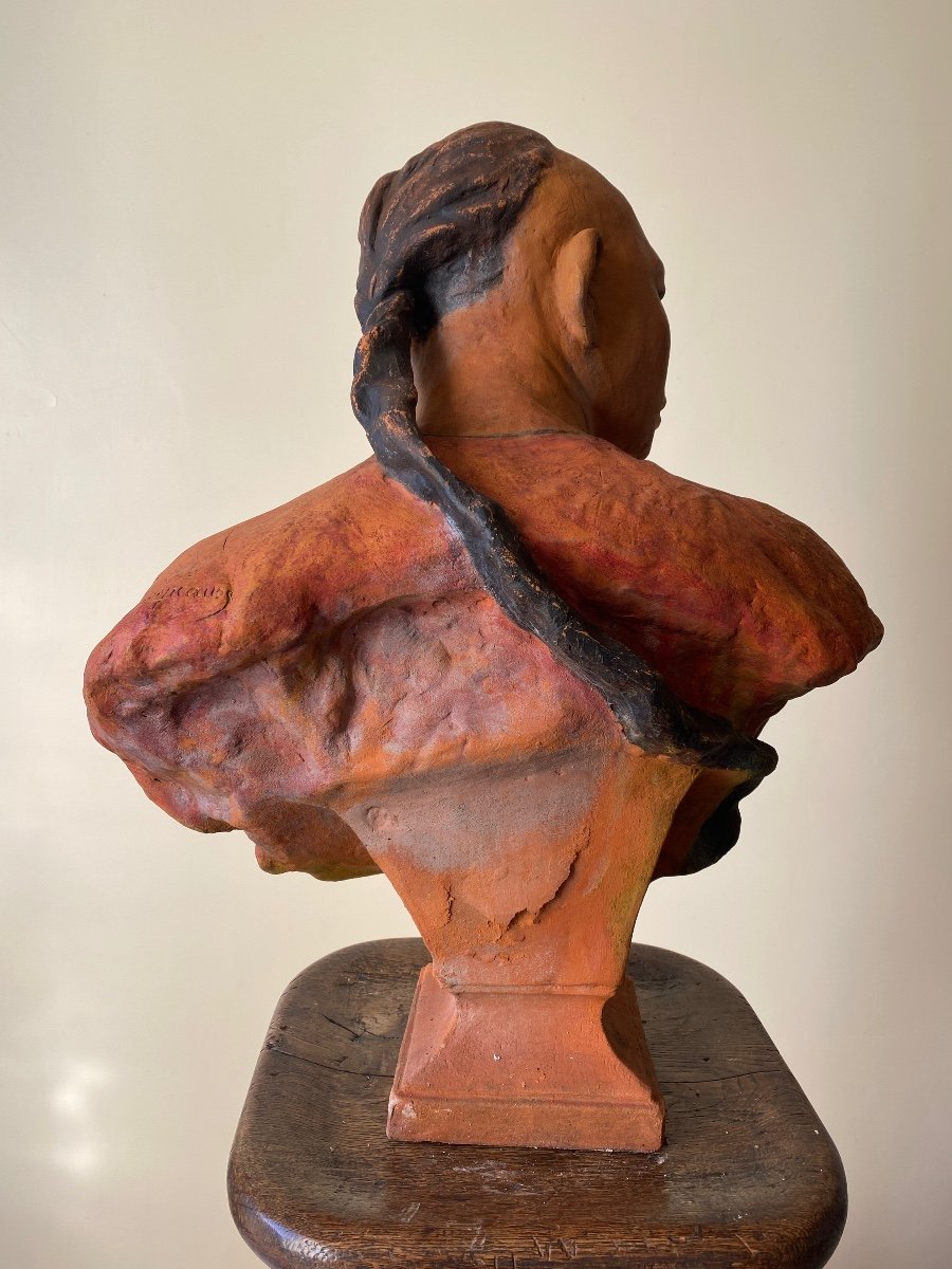"the Chinese". Polychrome Terracotta 20th Century After Jb Carpeaux. -photo-1