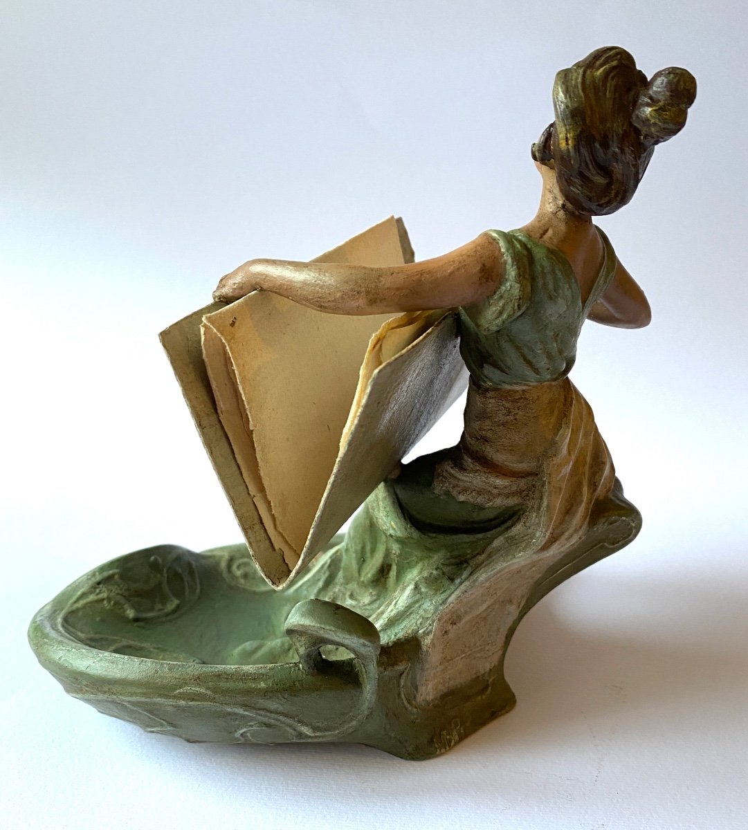 Porte Cartes Art Nouveau En Métal Peint. XIXème.  Femme En Robe Verte.-photo-3
