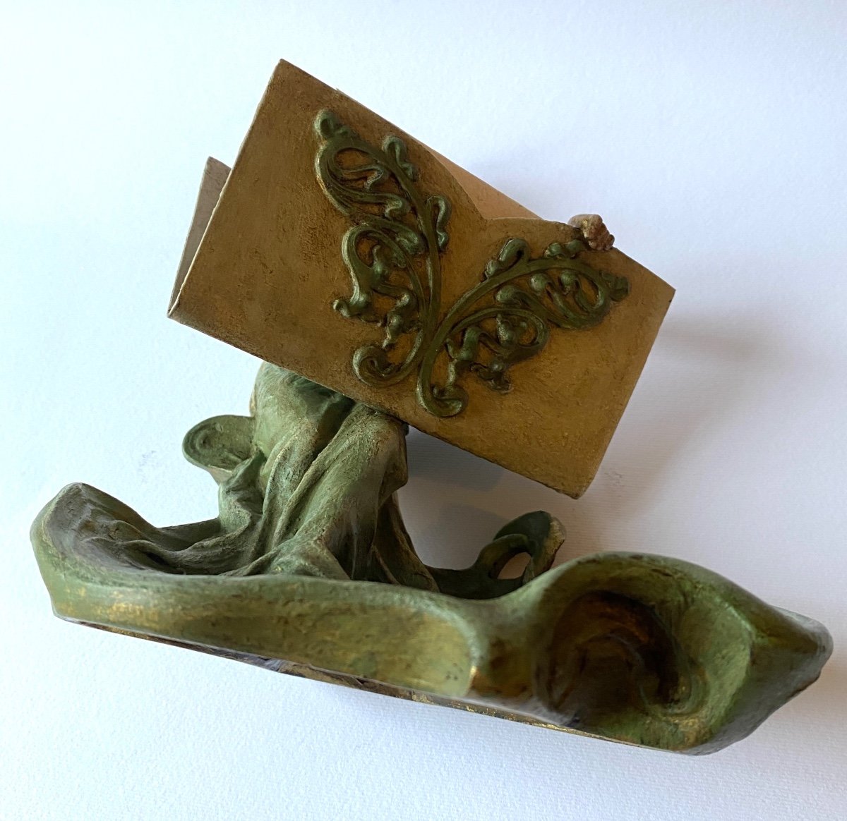 Porte Cartes Art Nouveau En Métal Peint. XIXème.  Femme En Robe Verte.-photo-2