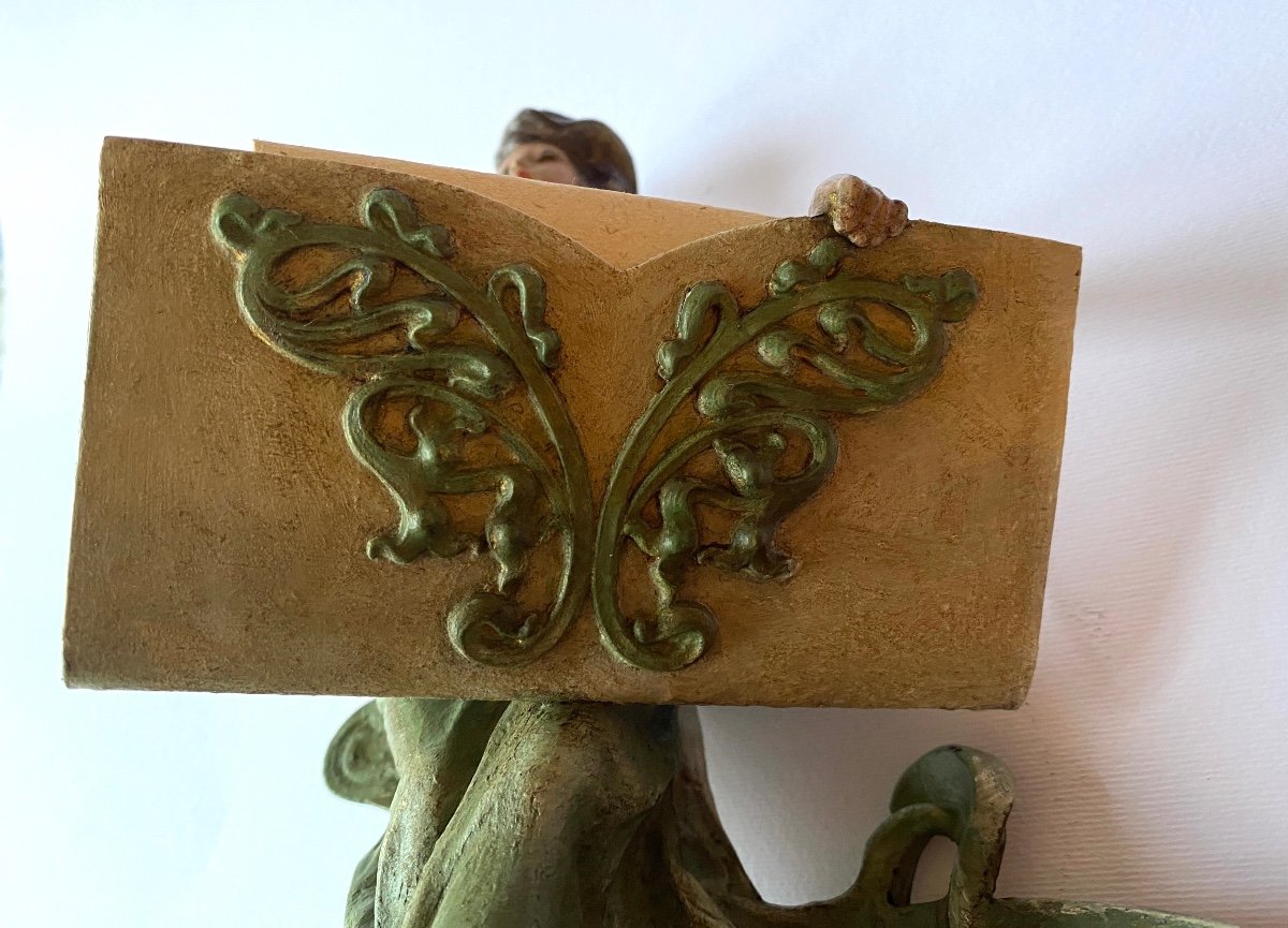 Porte Cartes Art Nouveau En Métal Peint. XIXème.  Femme En Robe Verte.-photo-3