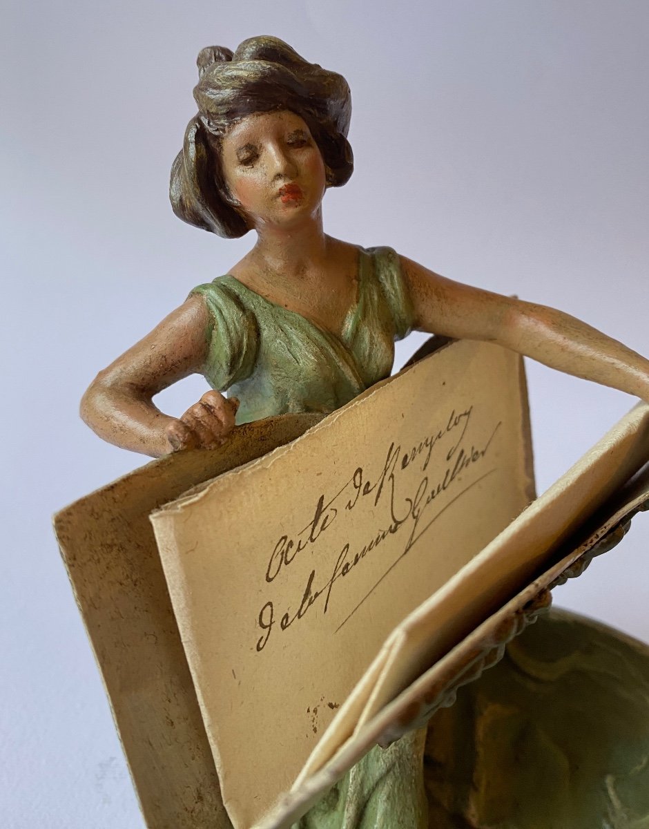 Porte Cartes Art Nouveau En Métal Peint. XIXème.  Femme En Robe Verte.-photo-5