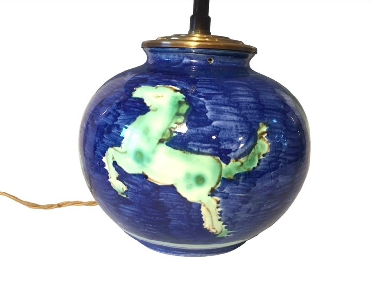 Ceramic Lamp. Mid XXth. Horses Decoration. -photo-1