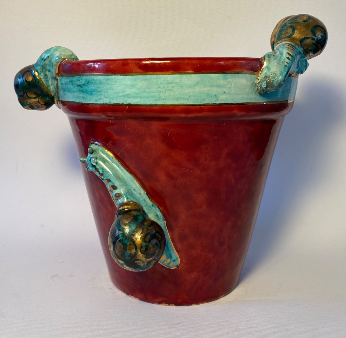 Gaston Bruneau Balon. Blois.  Planter With Snails Decoration . Glazed Ceramic. Early 20th . -photo-2