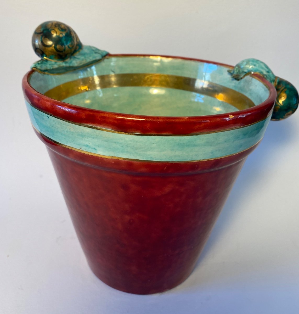 Gaston Bruneau Balon. Blois.  Planter With Snails Decoration . Glazed Ceramic. Early 20th . -photo-3