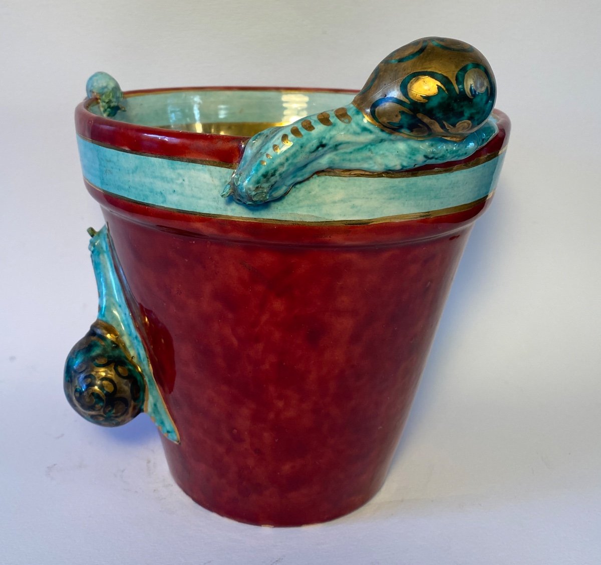 Gaston Bruneau Balon. Blois.  Planter With Snails Decoration . Glazed Ceramic. Early 20th . 