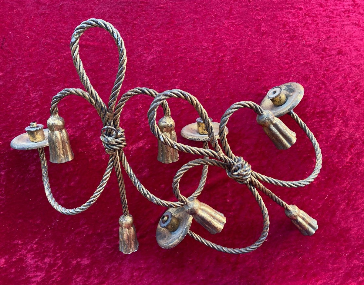 Pair Of Twisted And Gilded Metal Wall Lights. Italy, Mid-20th Century. Cord And Tassels. -photo-1