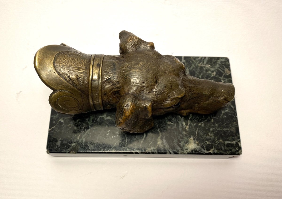 19th Century Bronze Mail Clip. Dog's Head On Green Marble Base.-photo-4