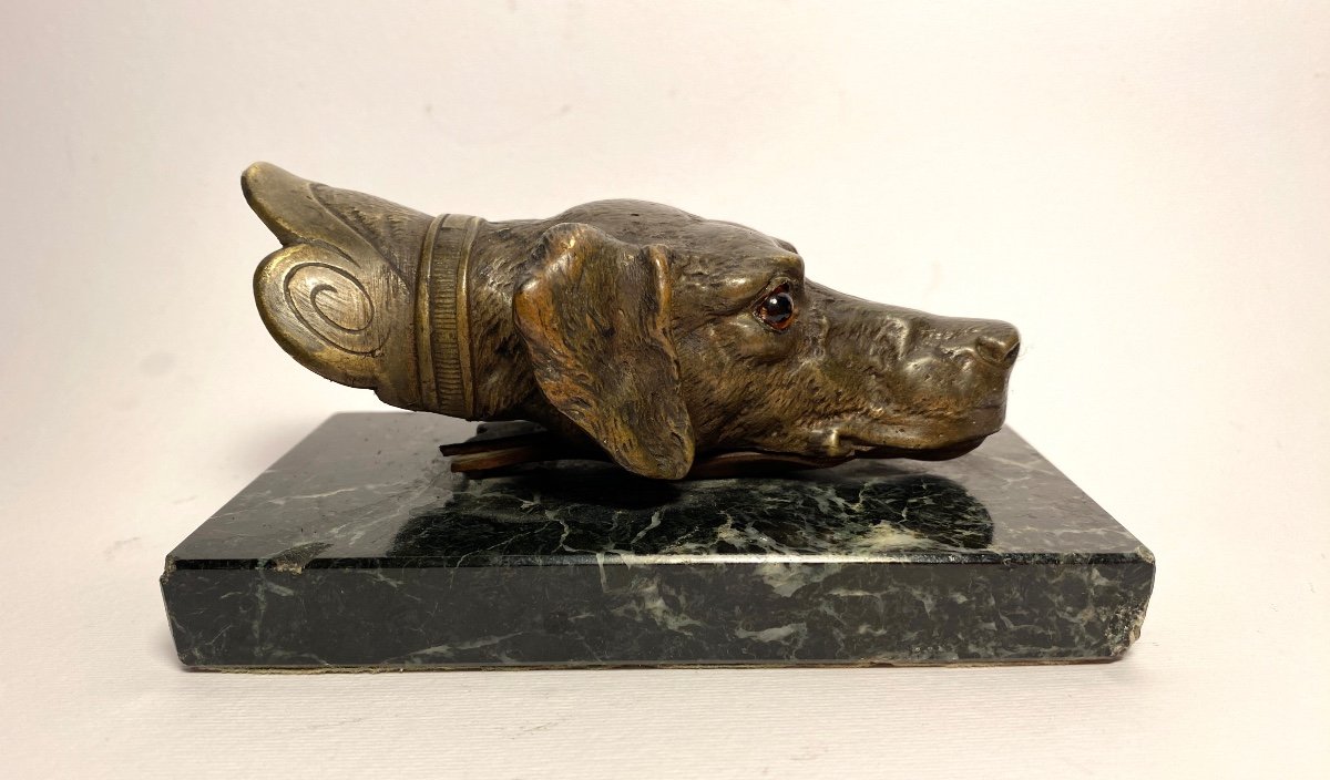 19th Century Bronze Mail Clip. Dog's Head On Green Marble Base.
