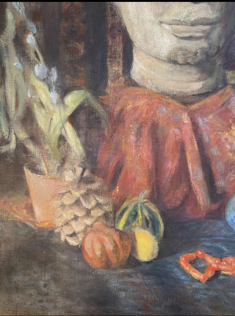 Cecile Hertz- Eyrolles. “still Life With Buddha”. Oil On Canvas, Mid-20th Century. -photo-1