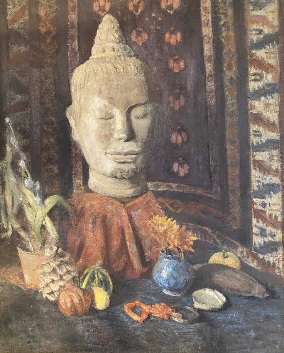 Cecile Hertz- Eyrolles. “still Life With Buddha”. Oil On Canvas, Mid-20th Century. 