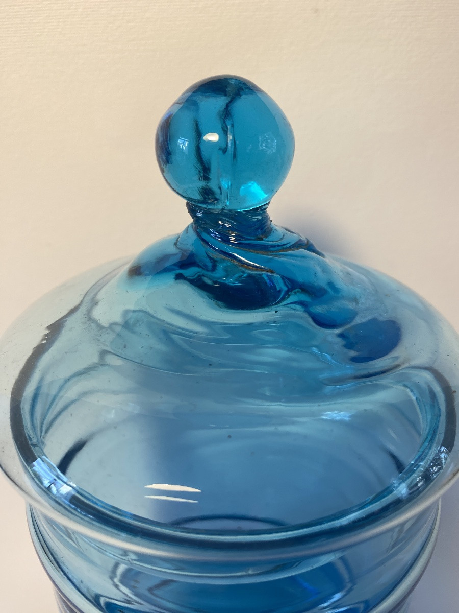 Bocal D’apothicaire Ou De Confiseur En Verre Soufflé Bleu.  XIXème. -photo-2