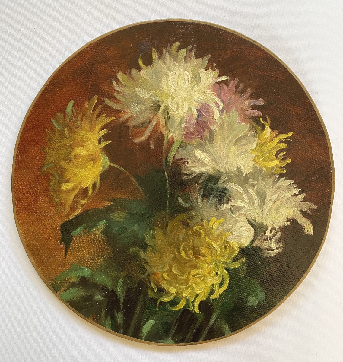 “Chrysanthèmes”. Huile Sur Toile Début XXè Marouflée Sur Carton. Atelier  Delphin Enjolras. 