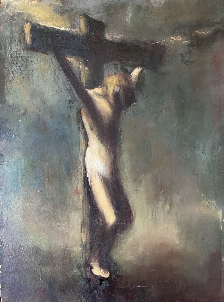 “christ On The Cross”. Oil On Panel, Early 20th Century. 