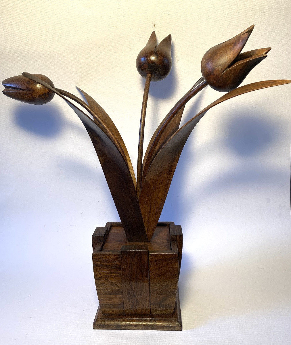 Boîte En Bois Sculpté. Tulipes En Pot. Objet De Curiosité. Début XXème. -photo-4