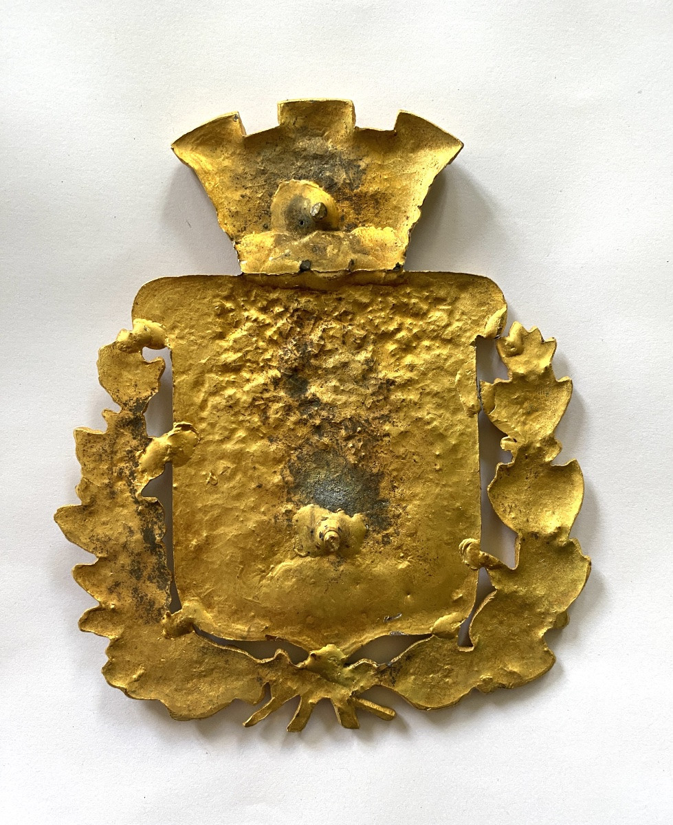 Coat Of Arms Of The City Of Rouen. Normandy. Gilded Pewter Plaque. 19th Century. -photo-2