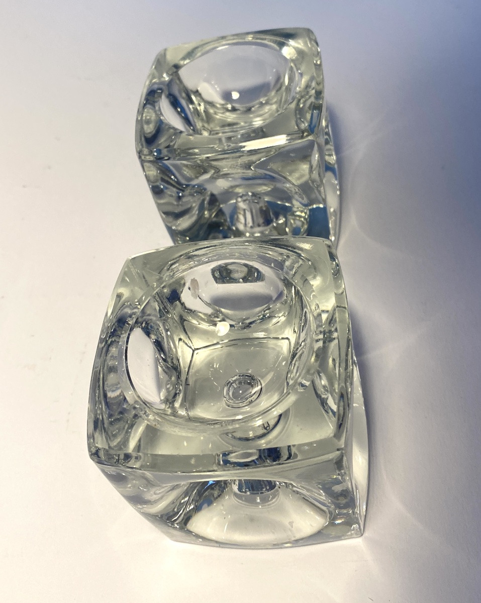 Peill & Putzler. Pair Of Ice Cube Glass Candlesticks. 1960s.-photo-1