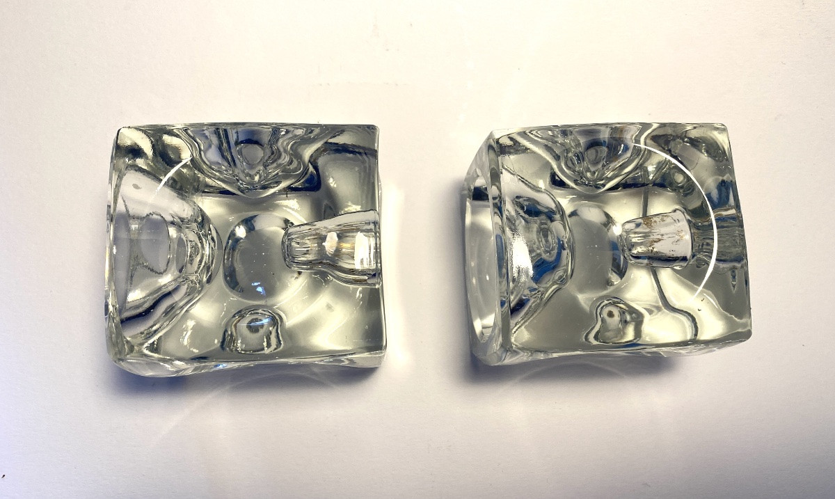 Peill & Putzler. Pair Of Ice Cube Glass Candlesticks. 1960s.-photo-2