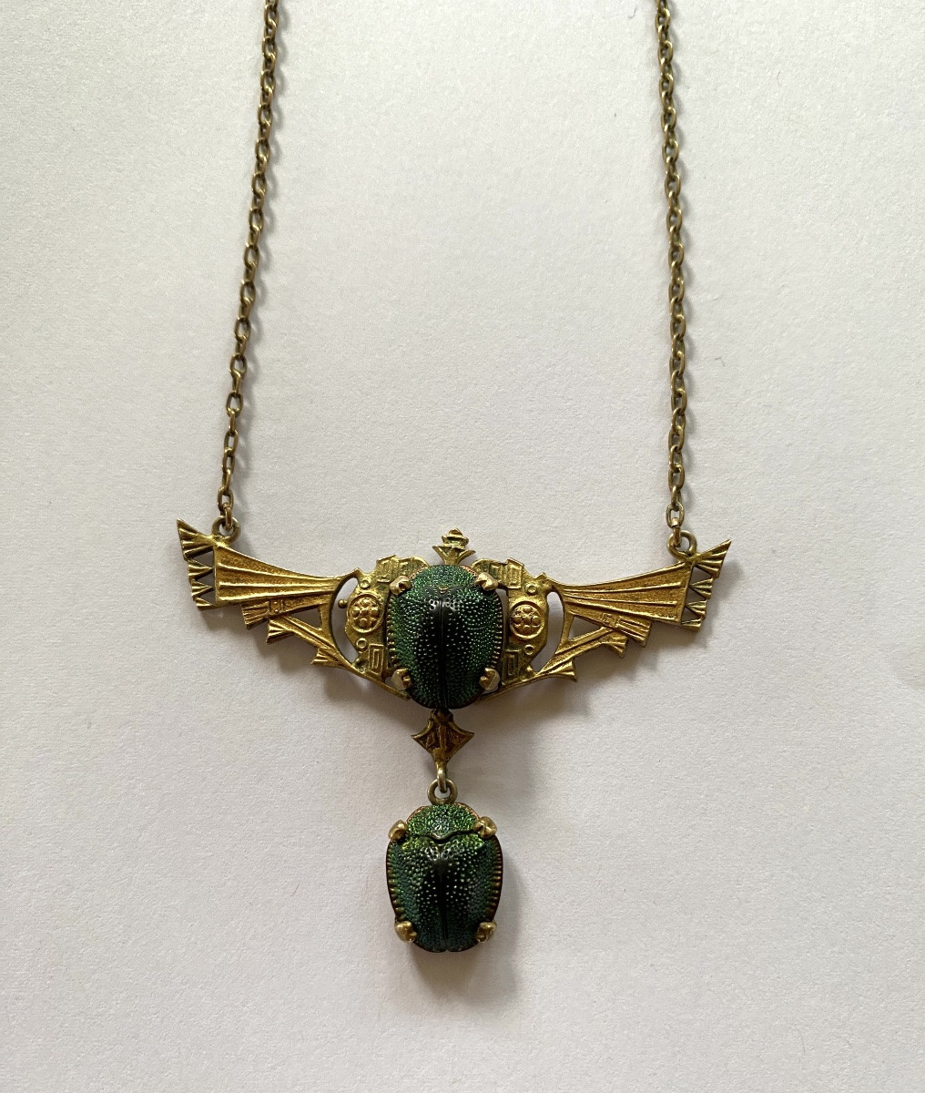 Late 19th Century Art Nouveau Necklace. Egyptomania. Gilded Metal And Scarabs. -photo-4