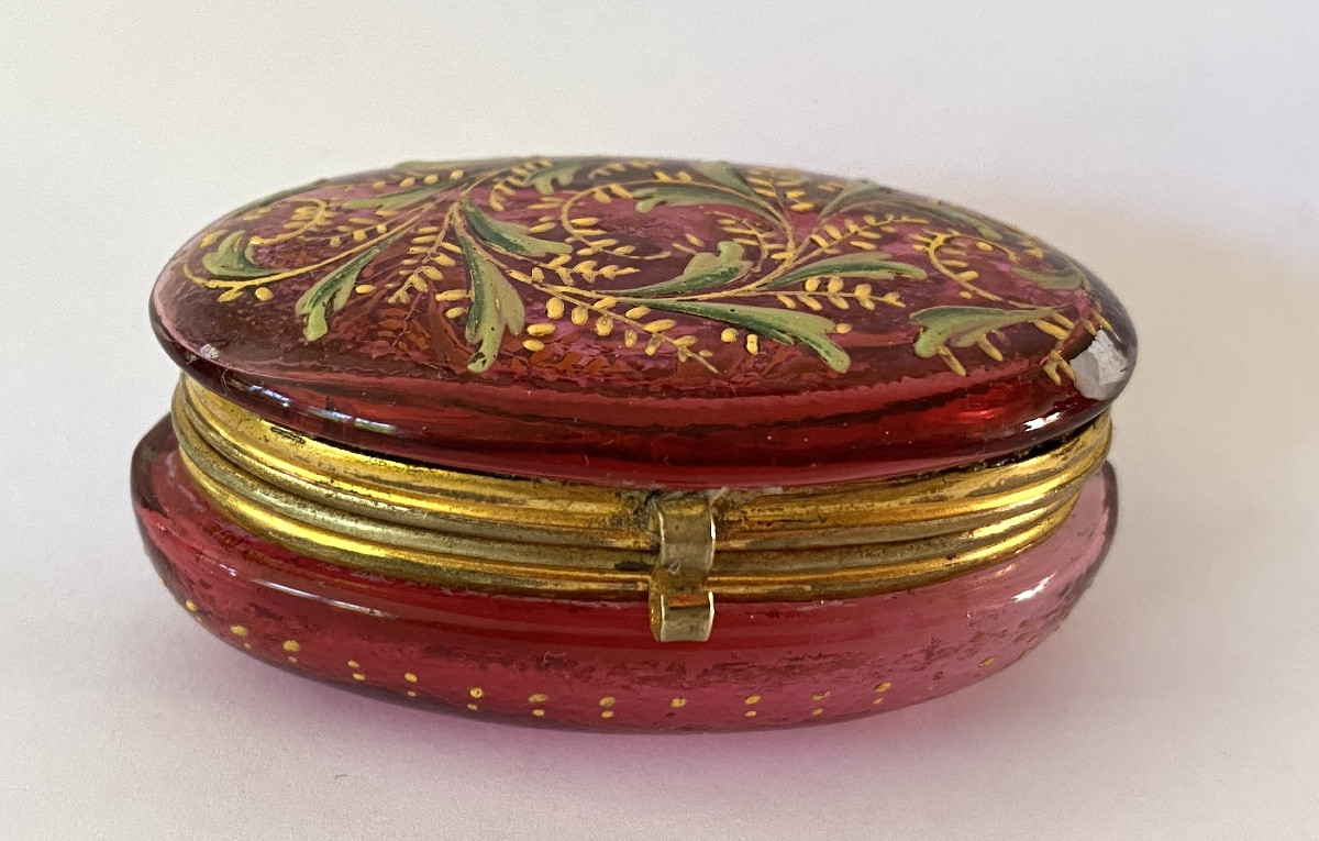 Small Art Nouveau Pink Glass Box. Enameled Floral Decor. Early 20th Century.