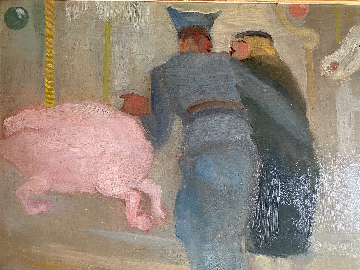  “on Permission. The Merry-go-round” . O. Lorin. Early 20th. French Framed Oil On Cardboard. -photo-2