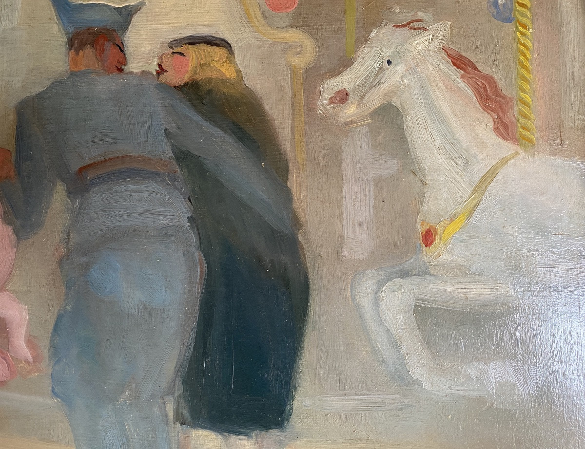  “on Permission. The Merry-go-round” . O. Lorin. Early 20th. French Framed Oil On Cardboard. -photo-3