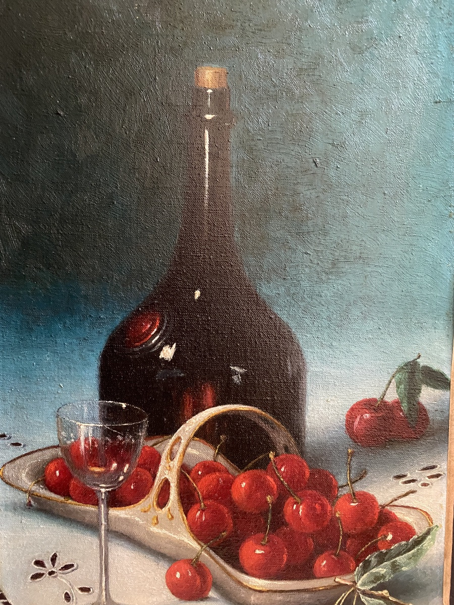 Anne Mourre. “still Life With Cherries”. Oil On Canvas, Early 20th Century. -photo-3