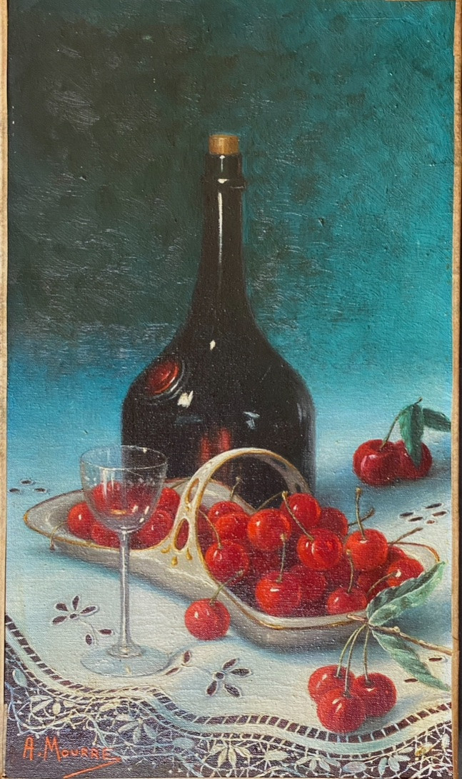 Anne Mourre. “ Still Life With Cherries”. Framed Oil On Canvas, Early 20th Century. -photo-4