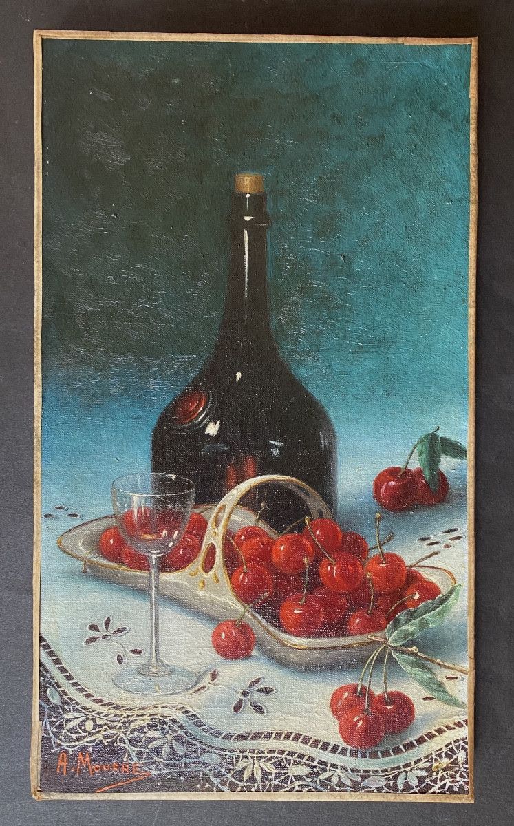 Anne Mourre. “still Life With Cherries”. Oil On Canvas, Early 20th Century. 