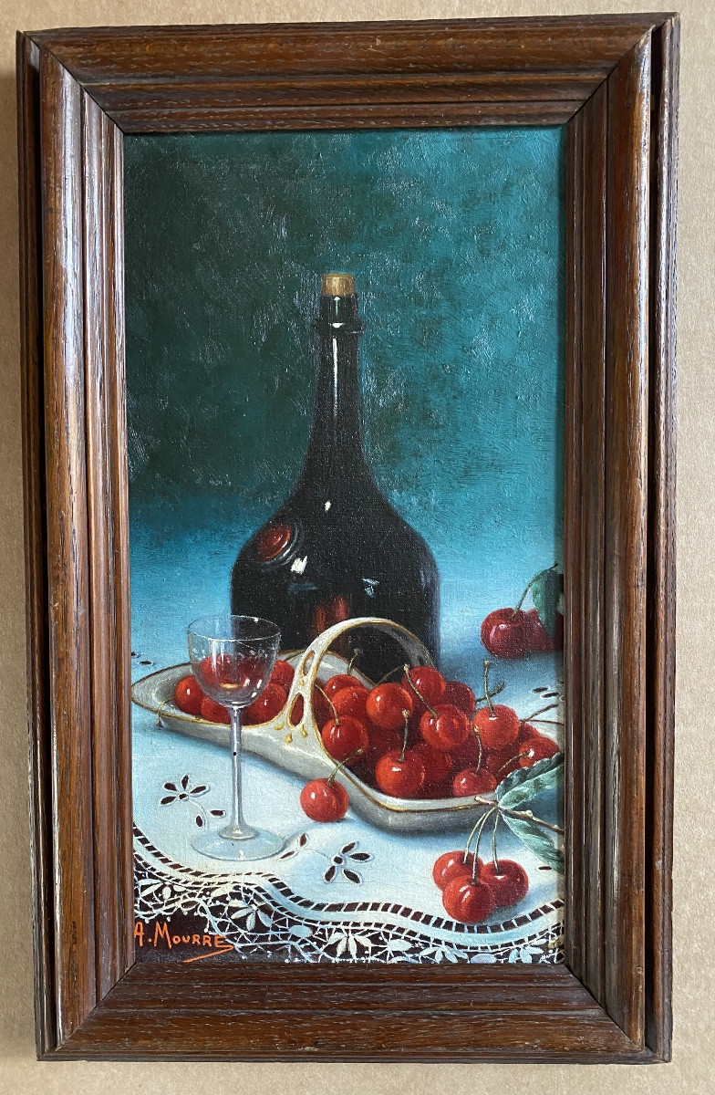 Anne Mourre. “ Still Life With Cherries”. Framed Oil On Canvas, Early 20th Century. 
