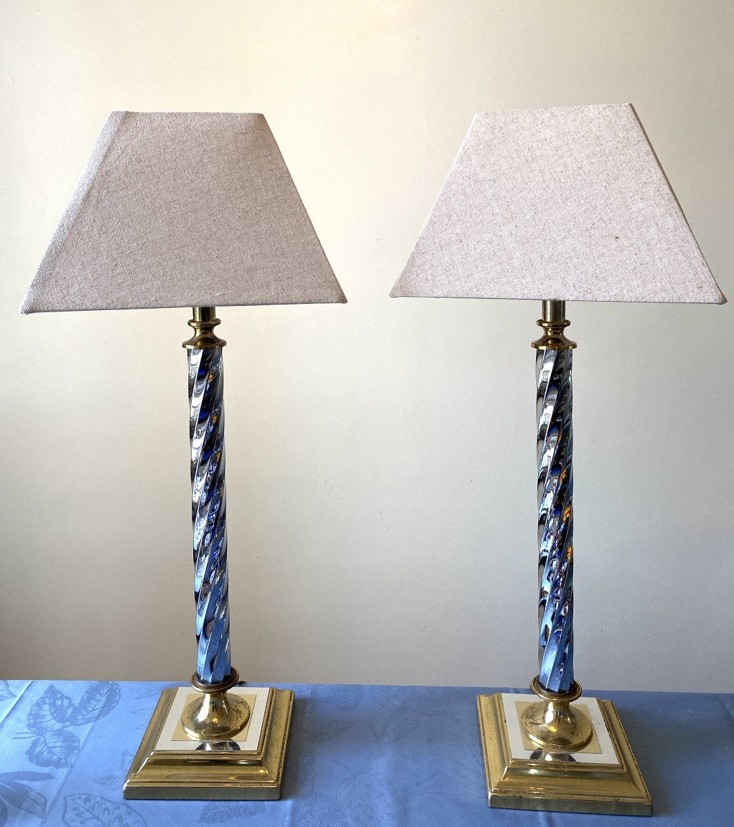 Pair Of 70s/80s Lamps. Chrome And Brass Finish. In The Style Of Romeo Rega. 