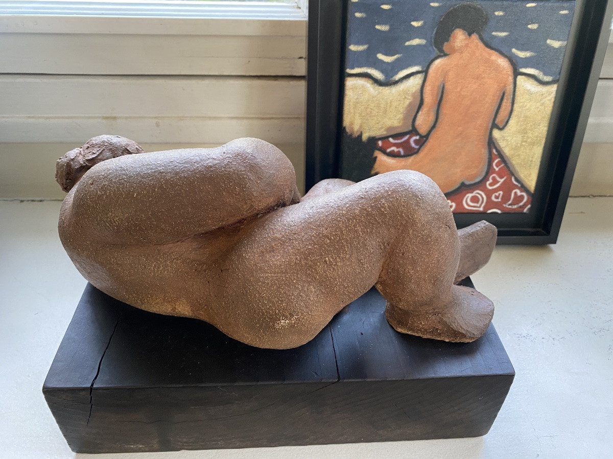 “reclining Female Nude”. Terracotta Sculpture From The Mid-20th Century On A Blackened Wooden Base. -photo-1