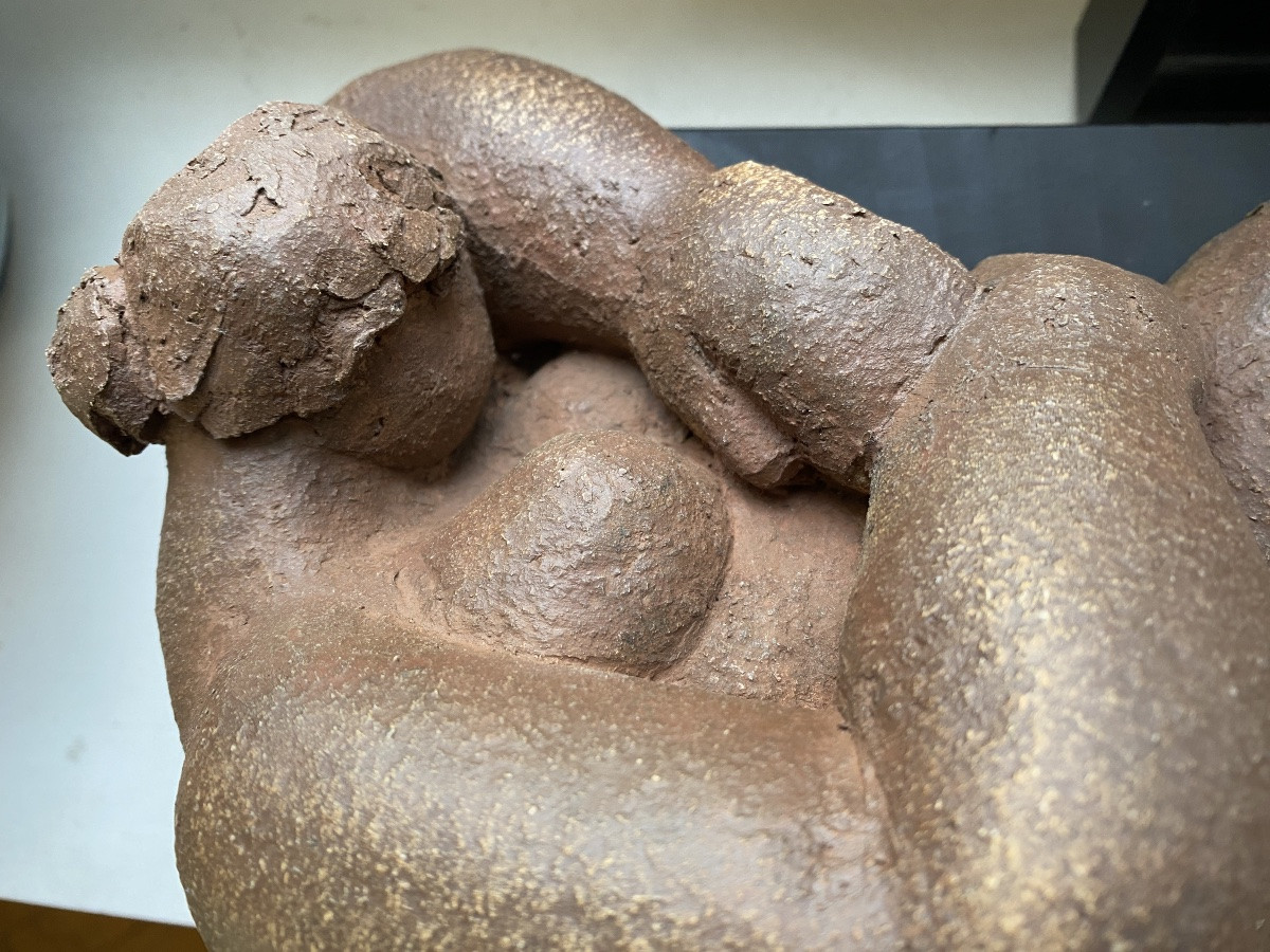 “reclining Female Nude”. Terracotta Sculpture From The Mid-20th Century On A Blackened Wooden Base. -photo-3