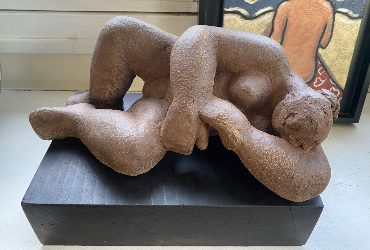 “reclining Female Nude”. Terracotta Sculpture From The Mid-20th Century On A Blackened Wooden Base. 
