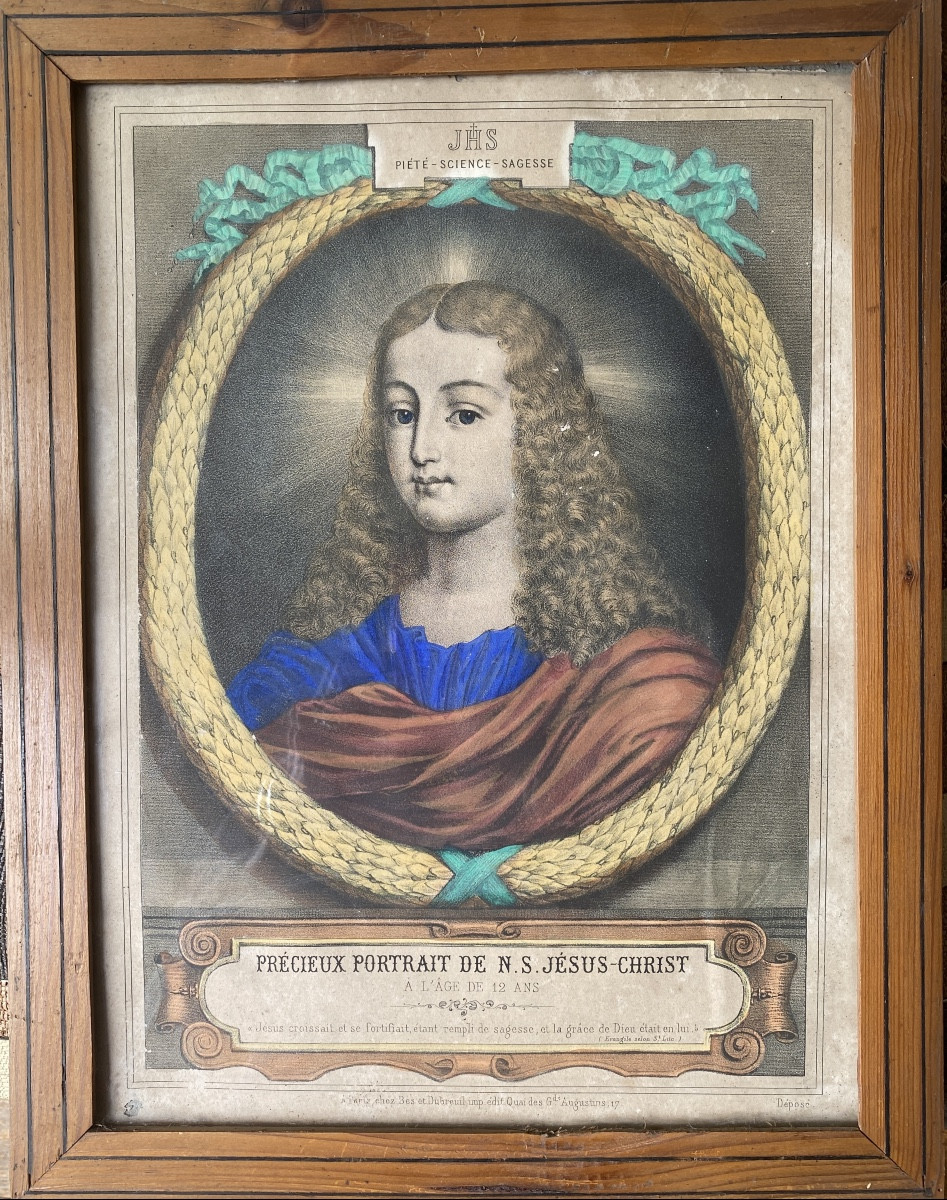 “ Precious Portrait Of Jesus Christ At The Age Of 12”. 19th  Engraving. Gouache Highlights