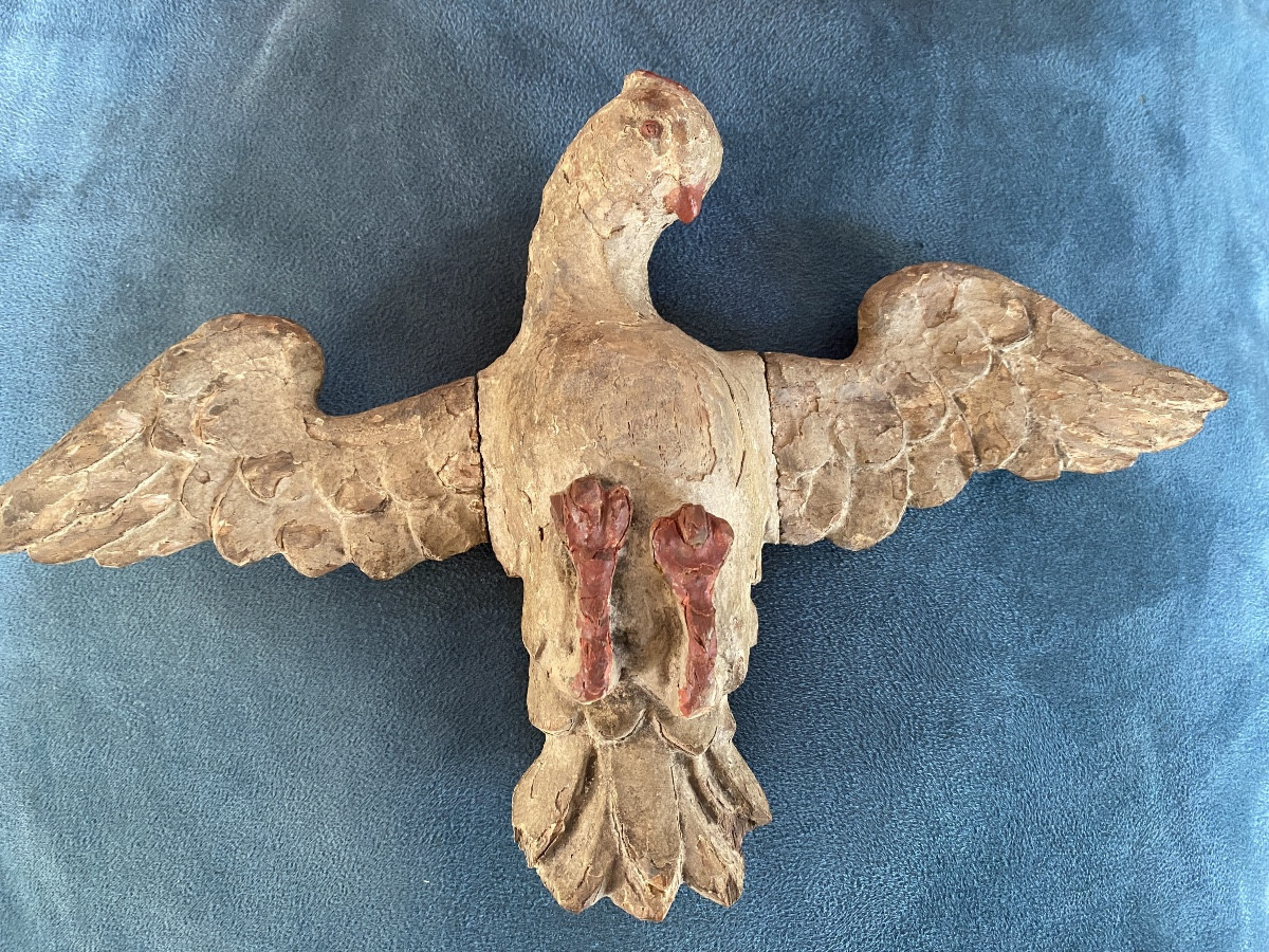 Saint-Esprit. Colombe en bois sculpté et peint  XVIIIème. Art religieux. -photo-3